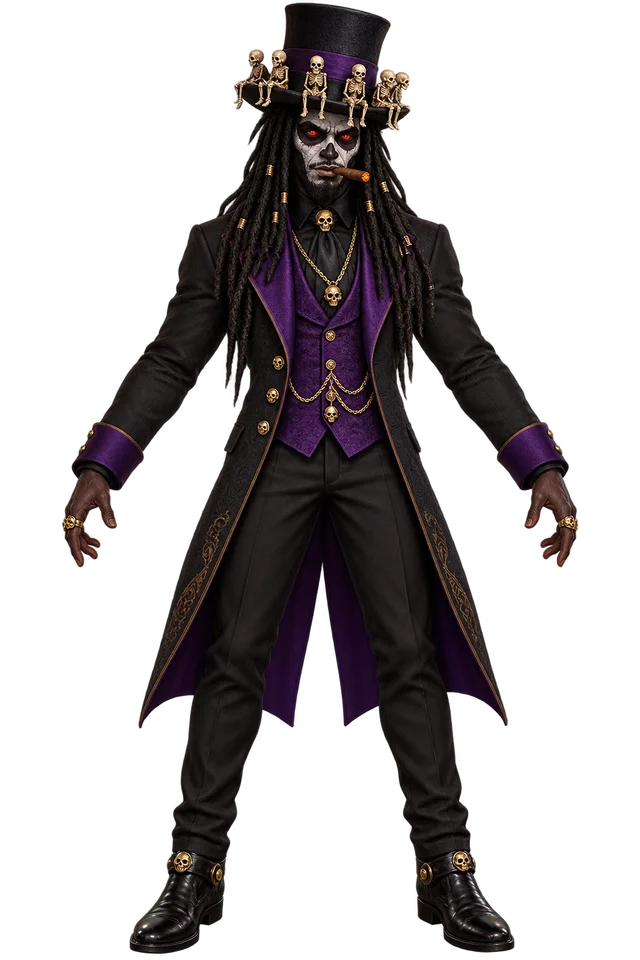 JE$TER with bright red eyes, dreadlocks, cigar, black and purple suit, and tiny seated skeletons around his hat brim.
