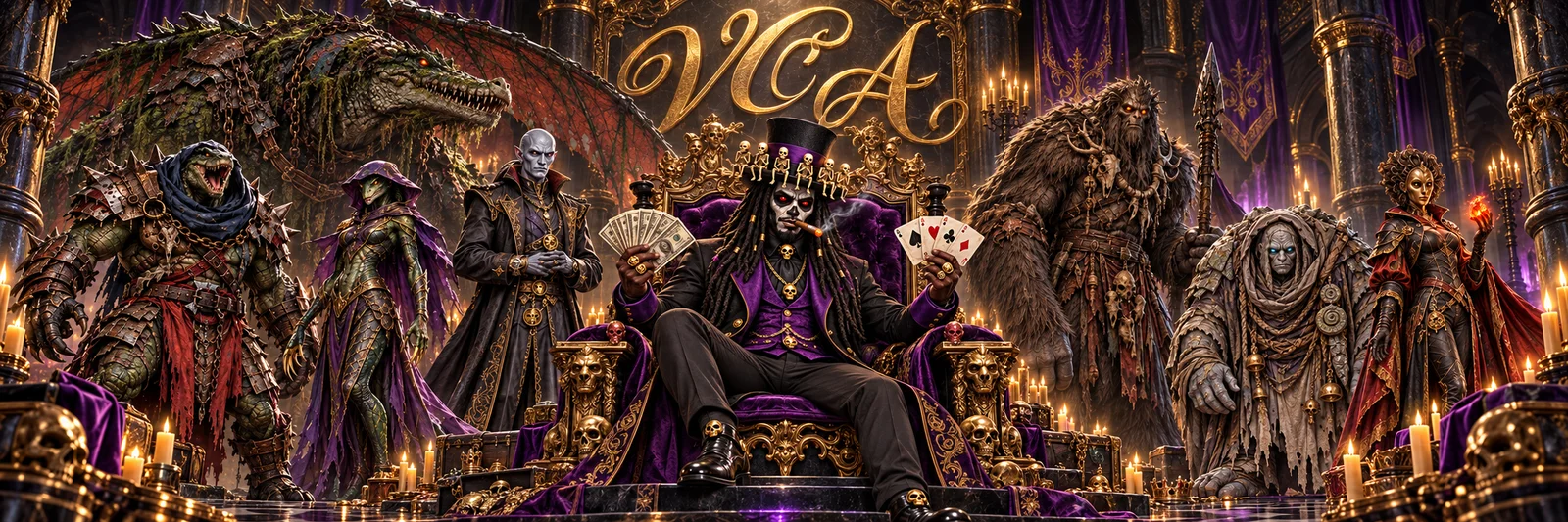 JE$TER, the amoral arcade curator, sits on a purple and gold throne holding cash and playing cards, surrounded by seven fantastical figures beneath gold VCA lettering.
