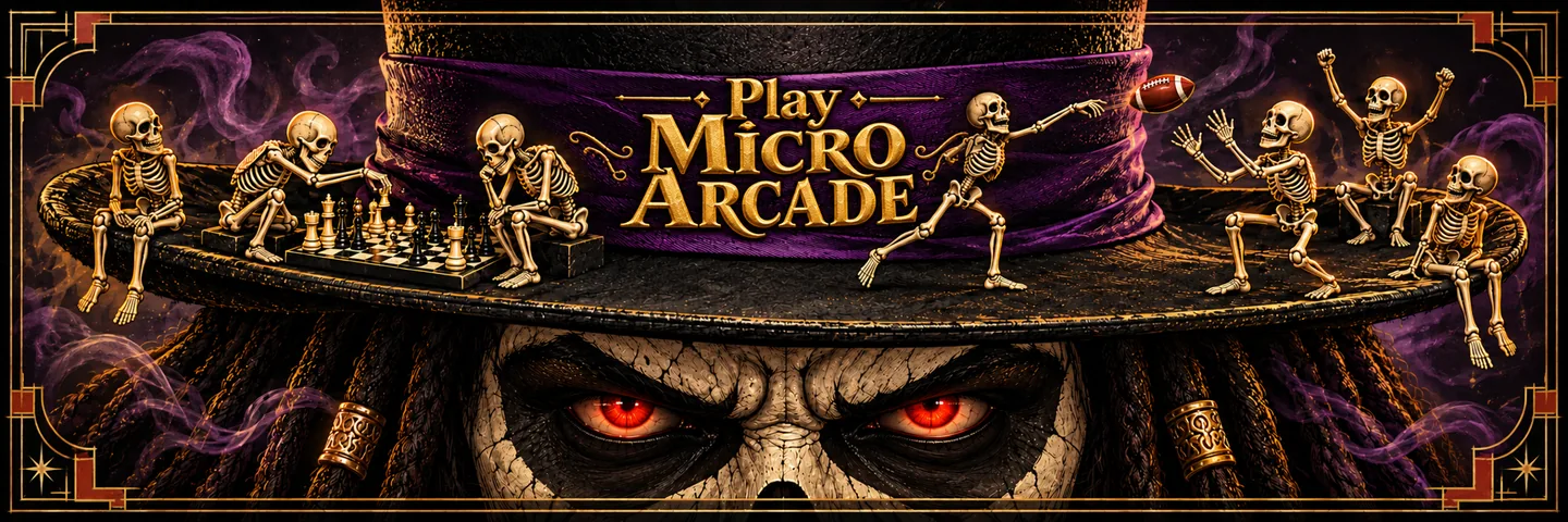 Play Micro Arcade: gold lettering, small arcade characters and ornate purple and gold framing