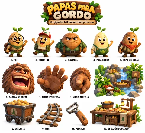 Concept sheet of potato characters, Gordo parts, carts, rail tracks and a preparation stall.