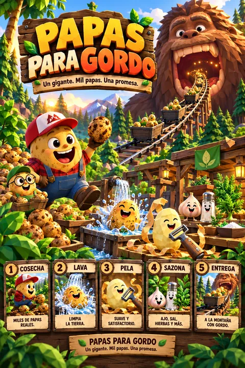 Promotional Papas Para Gordo cover with potato adventurers, a forest railway and Gordo.