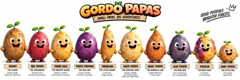 Concept lineup of colorful potato characters, with names beneath each design.