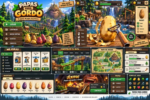 Design mockups of forest menus, cooking stations, upgrades and delivery panels.