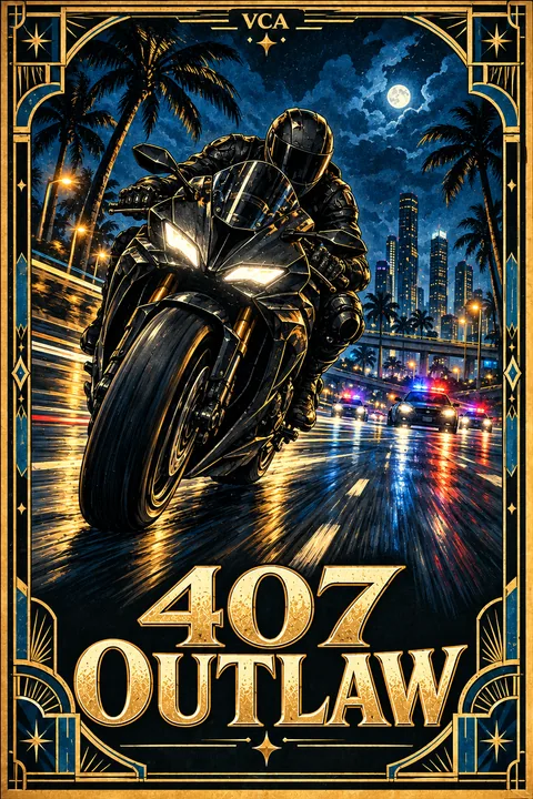 Supplied VCA illustrated promotional cover for 407 OUTLAW; artwork, not a gameplay screenshot