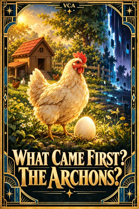 Supplied VCA illustrated promotional cover for What Came First? The Archons?; artwork, not a gameplay screenshot