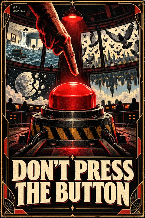 Supplied VCA illustrated promotional cover for Don't Press the Button; artwork, not a gameplay screenshot