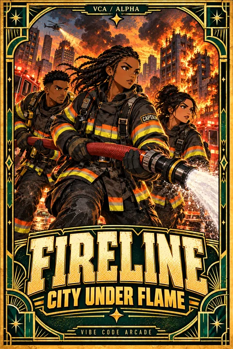 Supplied VCA illustrated promotional cover for FIRELINE: City Under Flame; artwork, not a gameplay screenshot