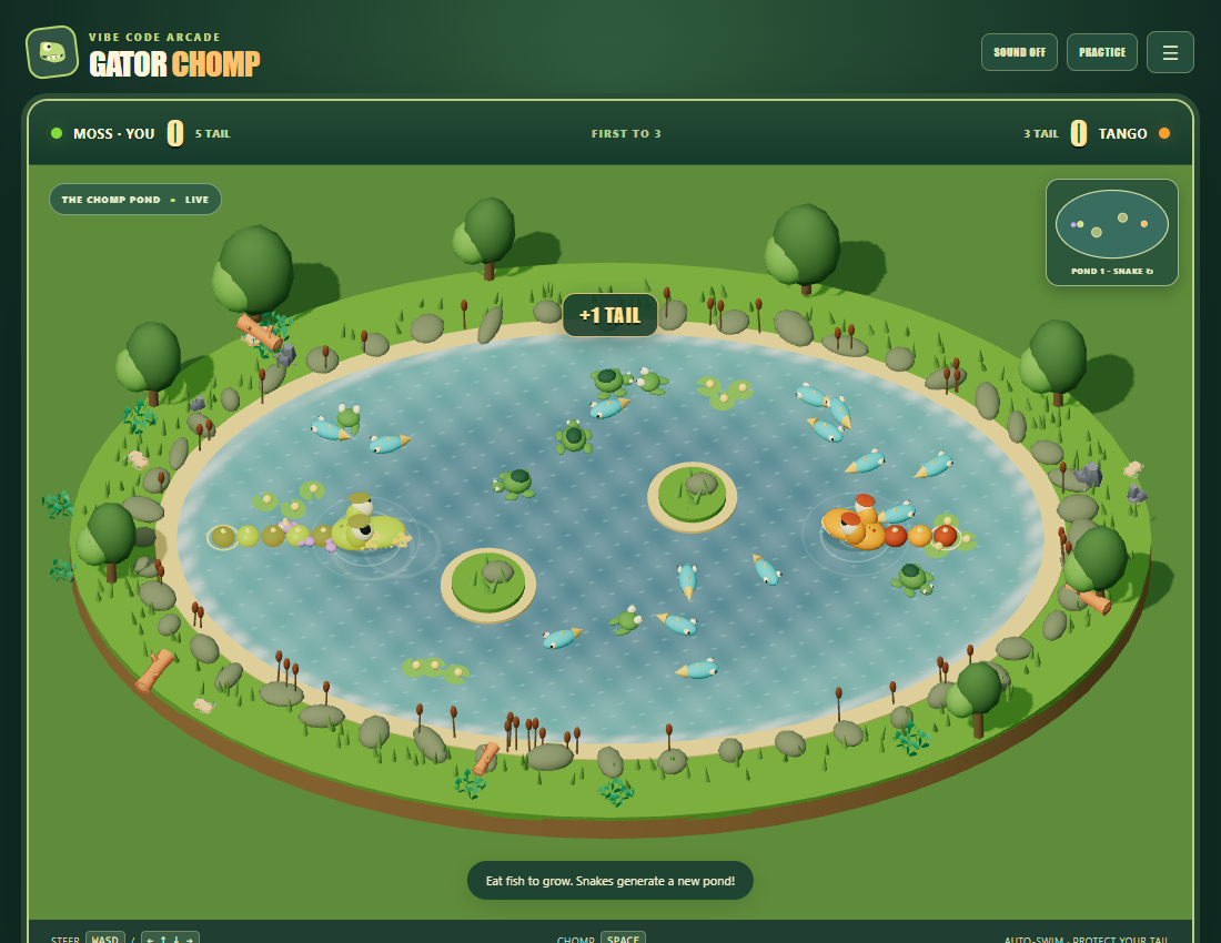 Gator Chomp gameplay: two gators circle a bright pond with fish, lily pads, and a stone-and-grass shore.