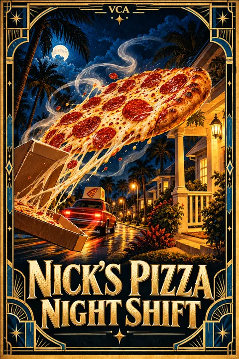 Supplied VCA illustrated promotional cover for Nick’s Pizza: Night Shift; artwork, not a gameplay screenshot