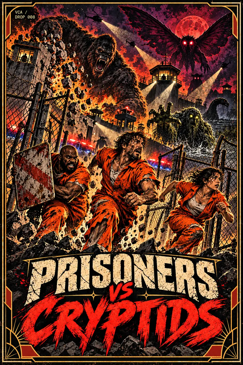 Supplied VCA illustrated promotional cover for Prisoners vs. Cryptids; artwork, not a gameplay screenshot