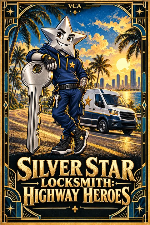 Supplied VCA illustrated promotional cover for Silver Star Locksmith: Highway Heroes; artwork, not a gameplay screenshot