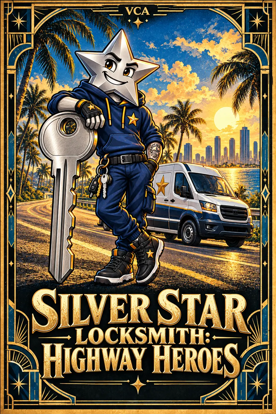 Supplied VCA illustrated promotional cover for Silver Star Locksmith: Highway Heroes; artwork, not a gameplay screenshot