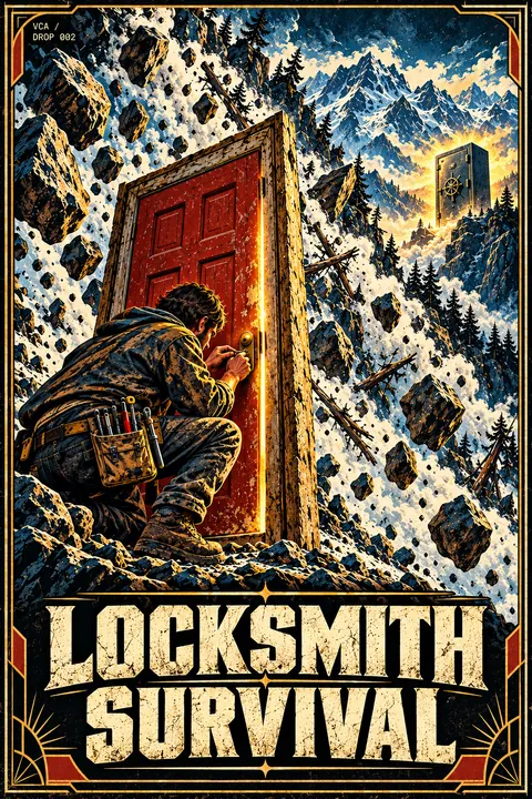 Supplied VCA illustrated promotional cover for Survival Locksmith; artwork, not a gameplay screenshot